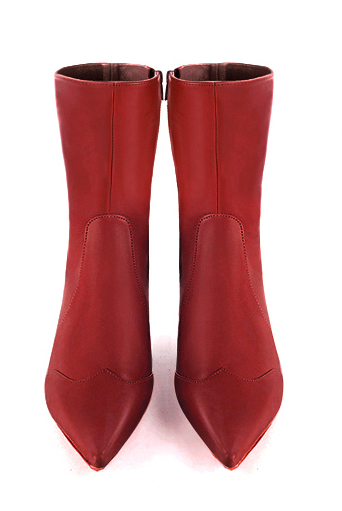 Cardinal red women's ankle boots with a zip on the inside. Pointed toe. Low flare heels. Top view - Florence KOOIJMAN